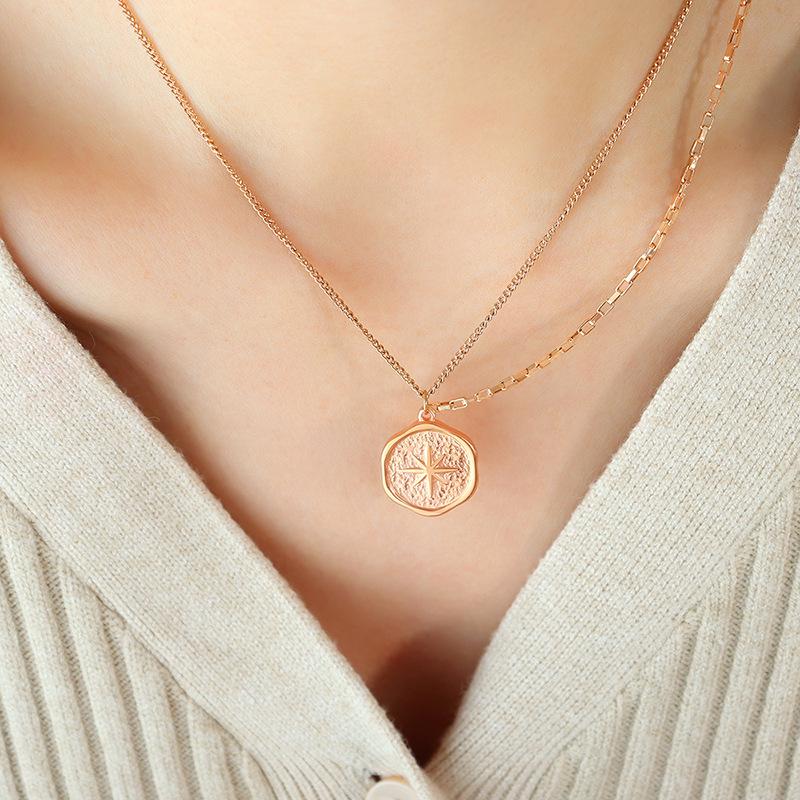 French Niche Eight-Pointed Star Pendant Necklace, Double Chain, 18K Gold-Plated Titanium Steel Clavicle Chain Jewelry P574
