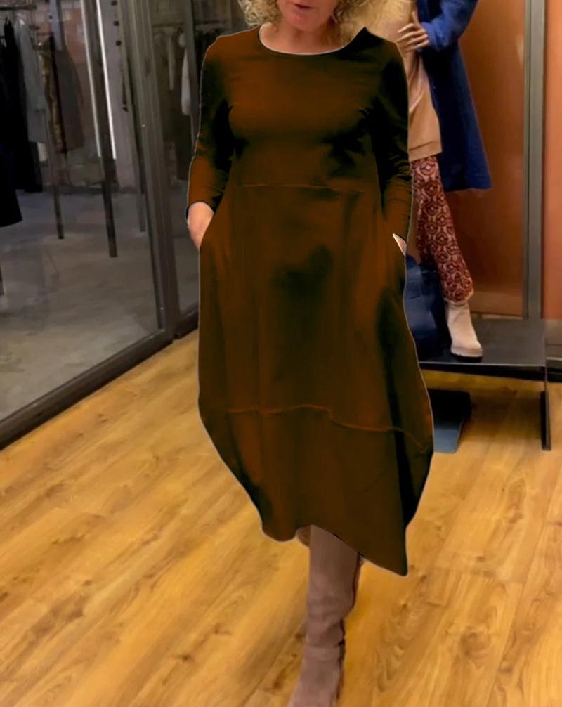 

Осенне-зимнее однотонное повседневное платье с длинным рукавом и карманом, с круглым вырезом L