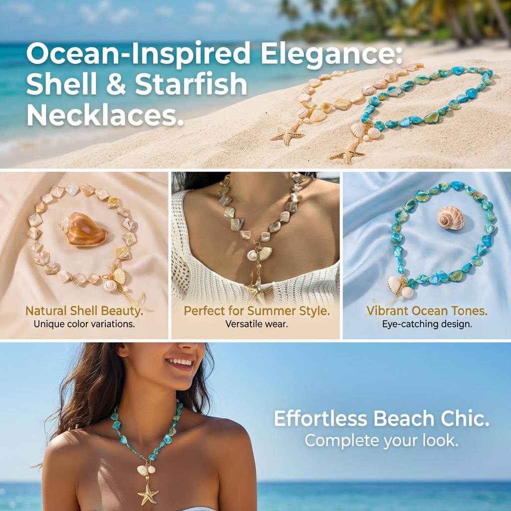 Boho Big Starfish Shell Conch Pendant Necklace for Women Creative Irregular Stone Beads Choker Summer Beach Vacation Jewelry