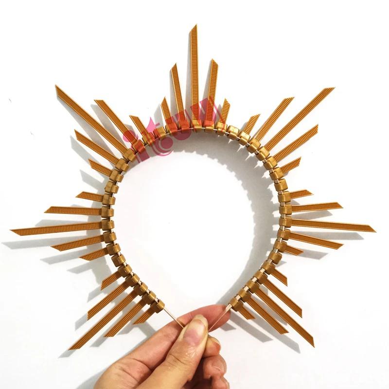 

Fairy Crown Headpiece Lolita Sunburst Elf Wedding Bridals Gold Spike Halo Hair Band Headdress Gothic Mary Baroque Headband