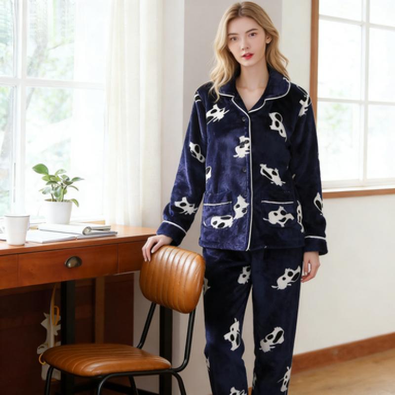 Flannel Pajamas Women's Fleece-Lined Thickened Warm Homewear Set