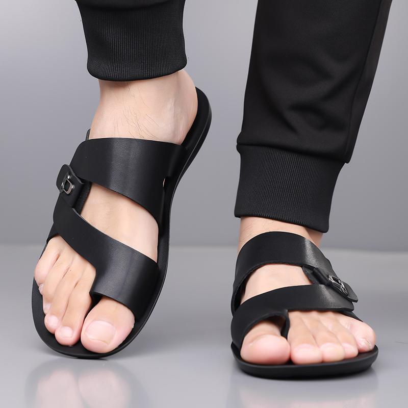 Men Black Leather Slippers Simple Flats Summer White Outdoor Brown Open Toe Wide Head Beach Shoes Plus Size