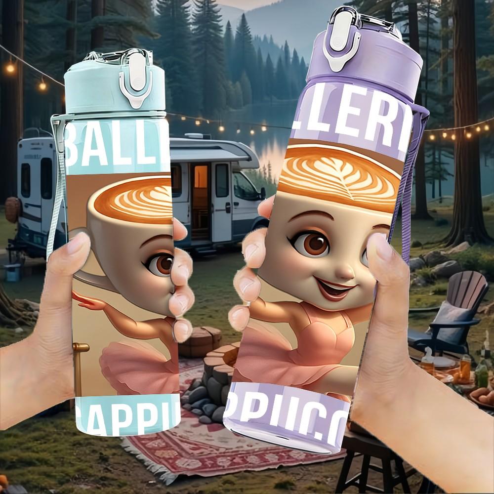 1PC Girl Holding Coffee Mug Portrait Print 750ml Color Plastic Sports Water Bottle Leakproof Flip Straw Lid Suitable for Sports Office Home Use
