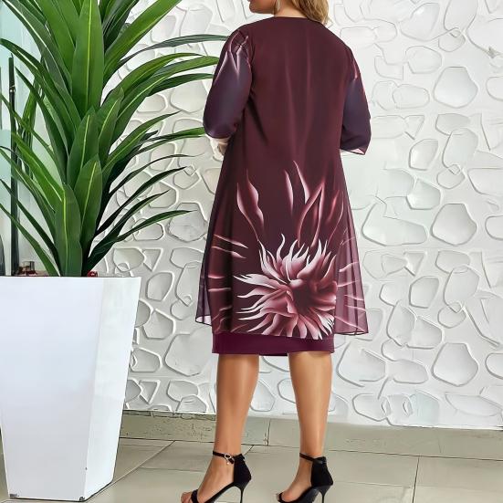 Women Dress Round Neck Half Sleeve Printing Shawl Design Plus Size Dress Loose Hem Slimming Casual Dress Office Party Wear