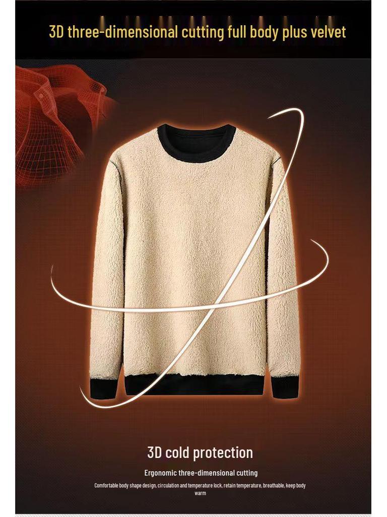 Men's Velvet-Lined Lamb Fleece Sweatshirt - Thick, Warm, Loose-Fit, Round Neck, Autumn/Winter Top