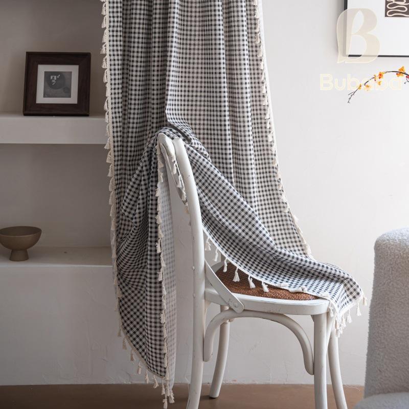 Bu Baba Orange Plaid Tassel Curtains - Semi-Shading, Decorative for Living Room, Bedroom, Kitchen, Balcony