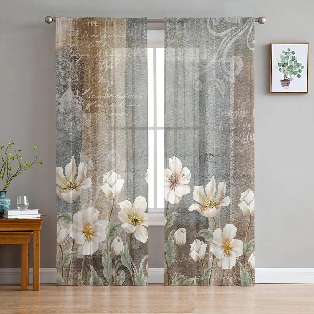 Retro Plant White Flower Abstract Sheer Curtains for Living Room Decoration Window Curtain Kitchen Tulle Voile Organza Drapes