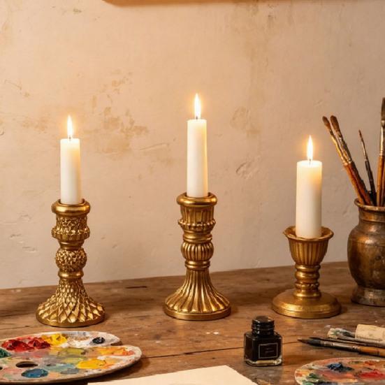 French Style Candle Holder Vintage Taper Holder, Nostalgic Resin Candlestick Decorative Soft Decoration Accessories Stand for Wedding Party