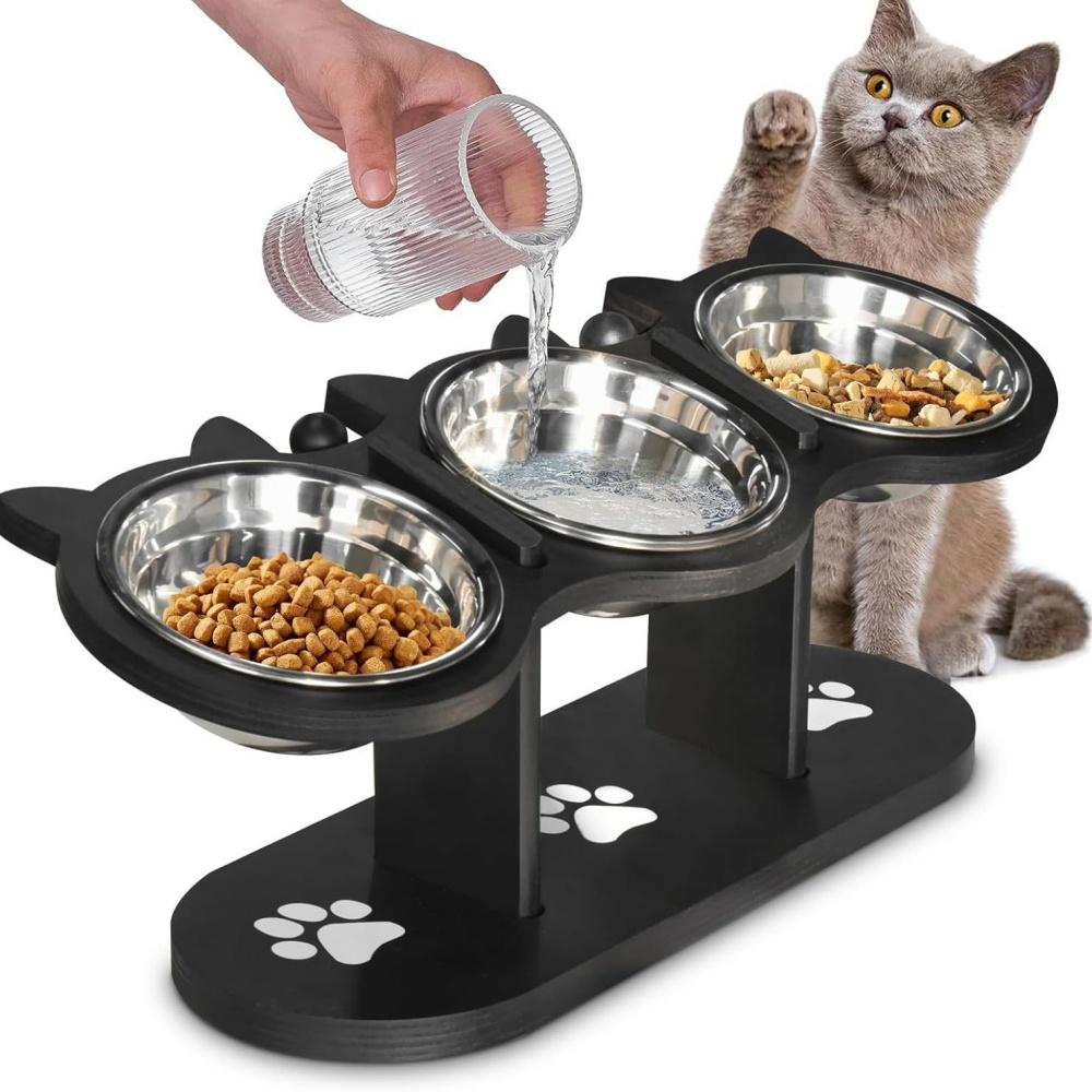 Wooden Elevated Cat Bowl Stand Adjustable Height Pet Feeder 3 Stainless Steel Bowls Station Anti Slip Cat Food Water Bowl Holder