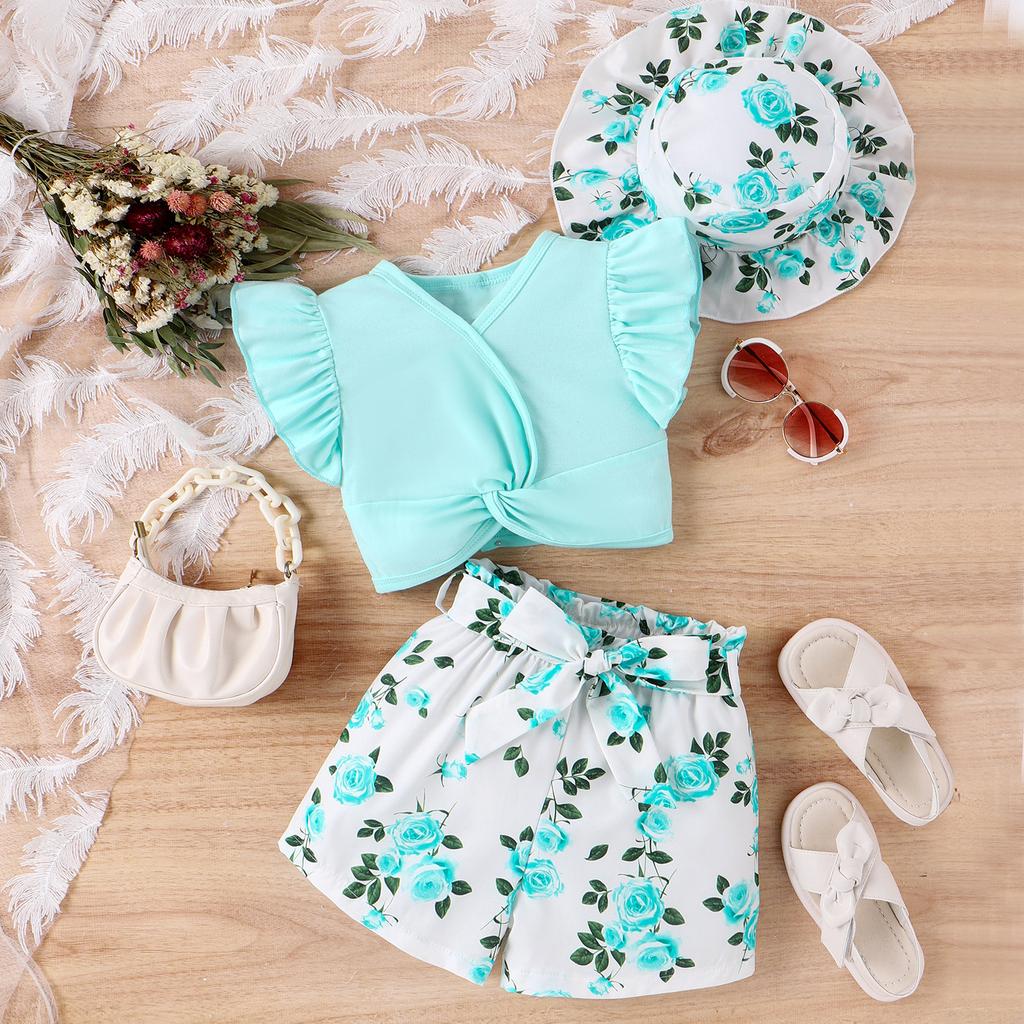 Mädchen Modeanzug Sommer Kinder Freizeit Oberteil + Bedruckte Shorts + Hut Anzug