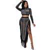 Sexy Rhinestone Mesh See-through Long Sleeve Slit Two-piece Nightclub Dress
