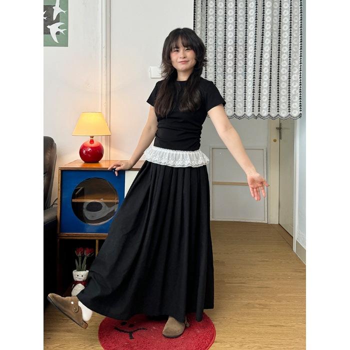 

Special offer, Korean sweet lace short-sleeved crew neck T-shirt women s summer pleated design XL чорний