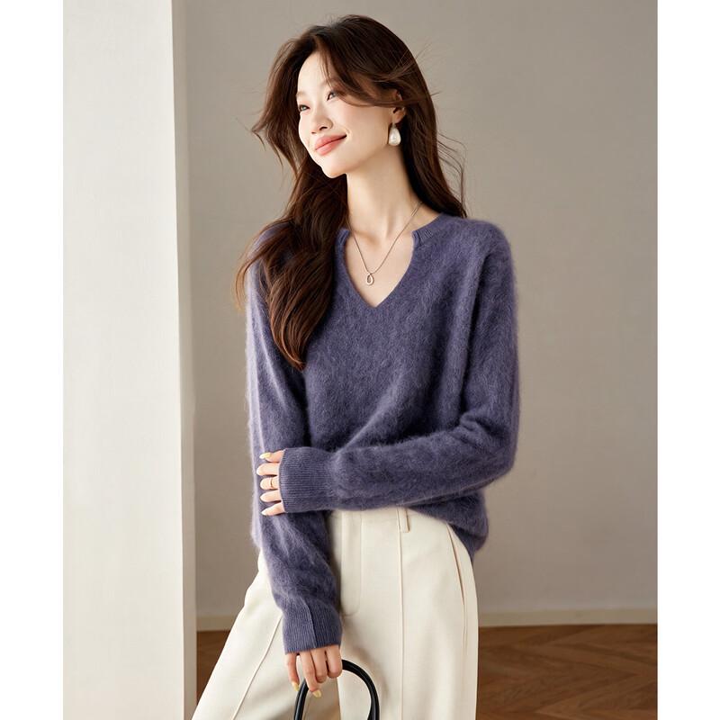 Damen Oversize V-Ausschnitt Kaschmir-Mischung Strickpullover