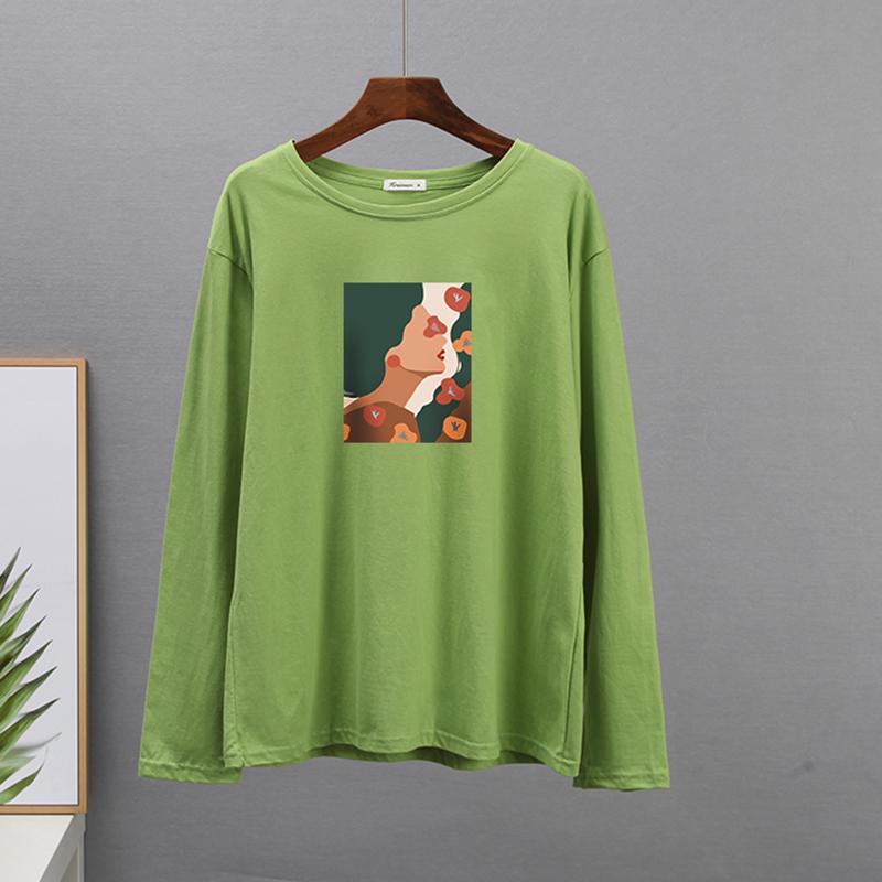 Tricou din bumbac cu mânecă lungă de primăvară Hirsionsan Tricou cu imprimeu estetică abstractă cu figurine pentru femeie pentru petrecere a timpului liber cu gâtul în formă de topuri simple