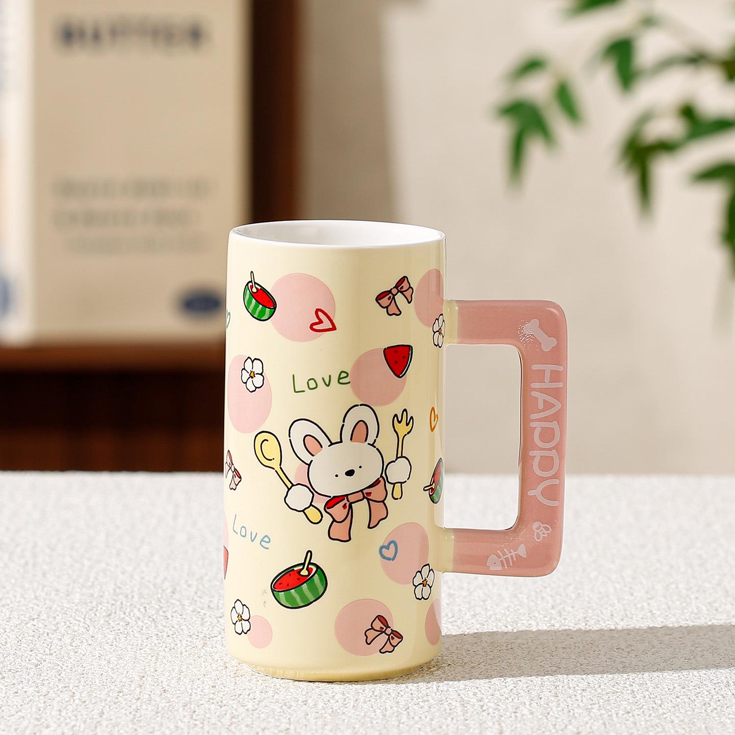 Yuan He Cartoon Ceramic Couple Mug with Straw - Office Coffee Cup Birthday Gift Tall Mug 400ML with Brush