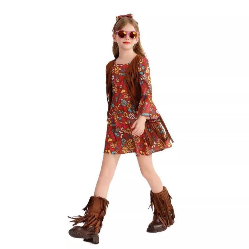 Halloween Kids Costume Little Girl Funny Vintage Hippie Carnival Stage Costume Dress