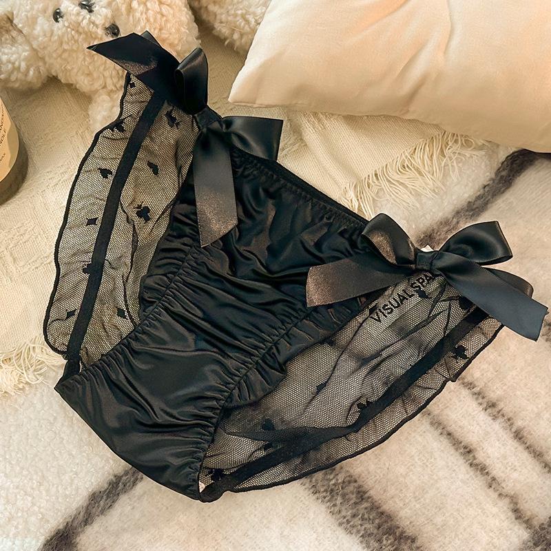 

Жіночі трусики у французький горошок: Високі розрізи, солодкий бантик, мереживо, сережки, промежину з чистої бавовни M (40-50 kg) чорний