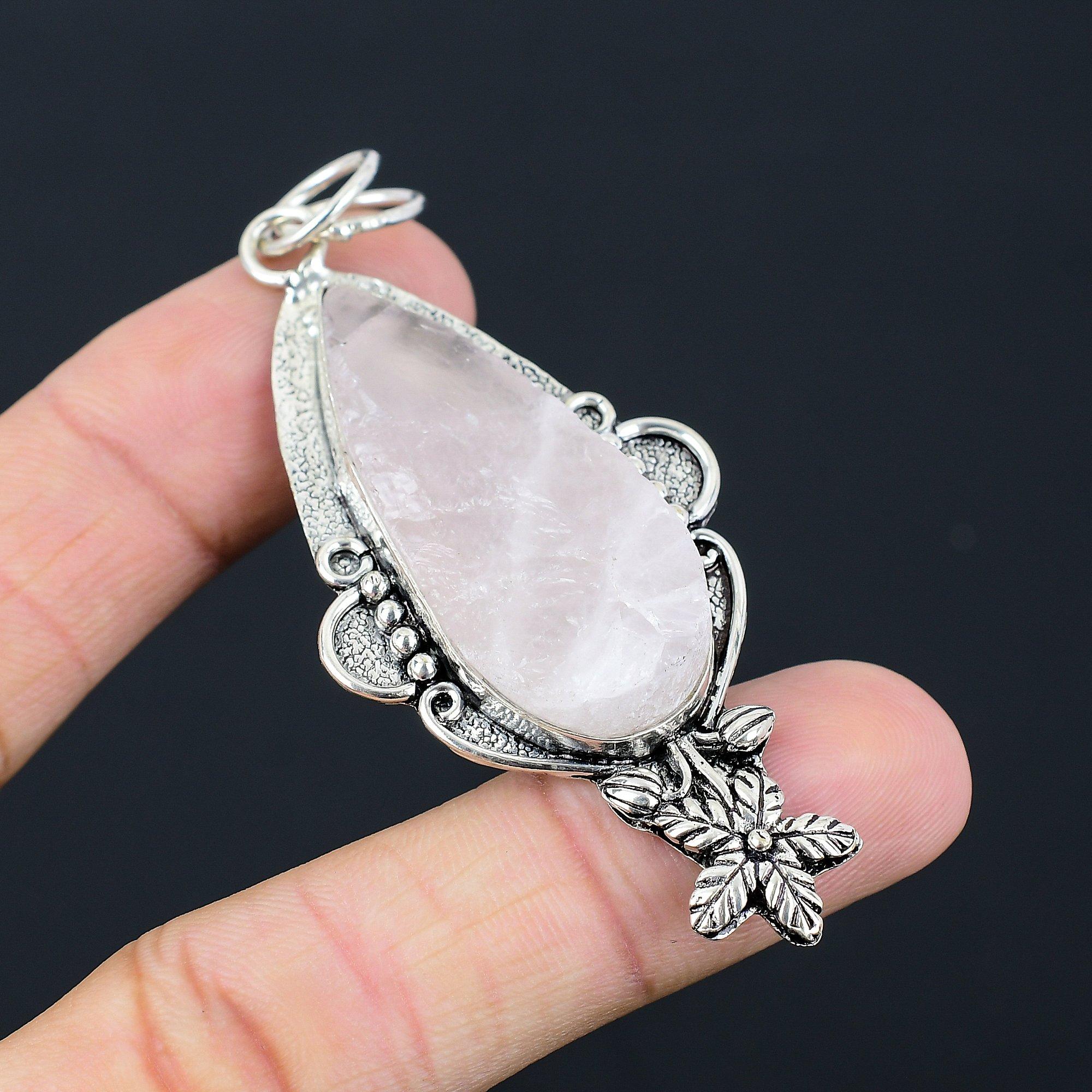 

Natural Rose Quartz Rough Gemstone Pendant Flower 925 Sterling Silver For Women