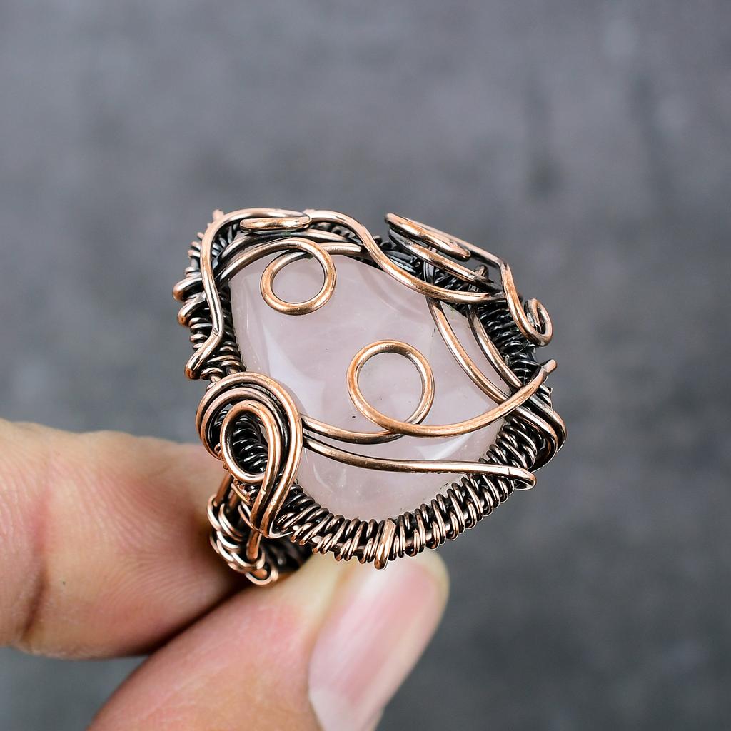 Rose Quartz Handmade Copper Wire Wrap Jewelry Ring Size 9 m5k71