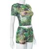 Ganzjahres-Damen-Street-Mesh-Zweiteiler-Set, Hipster-Mädchen-Blumendruck-T-Shirts + Schlaghosen, passende Party-Club-Kleidung, bedrucktes Oberteil, Shorts, Freizeitanzug