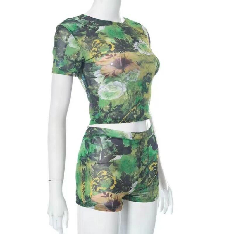 Ganzjahres-Damen-Street-Mesh-Zweiteiler-Set, Hipster-Mädchen-Blumendruck-T-Shirts + Schlaghosen, passende Party-Club-Kleidung, bedrucktes Oberteil, Shorts, Freizeitanzug