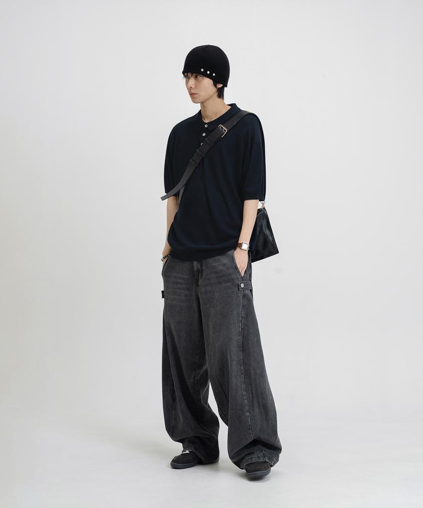 LEMAIN SECOND Linen-Like Oversized Washable Collared Short Sleeve Knit [Navy]