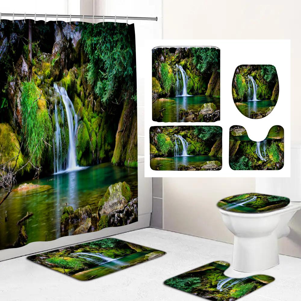 

3D Natural Forest Landscape Printed Waterproof Fabric Bathroom Curtain Shower Curtains Set Anti-Skid Rugs Toilet Cover Bath Mat W60H190(CM)-1 Pcs