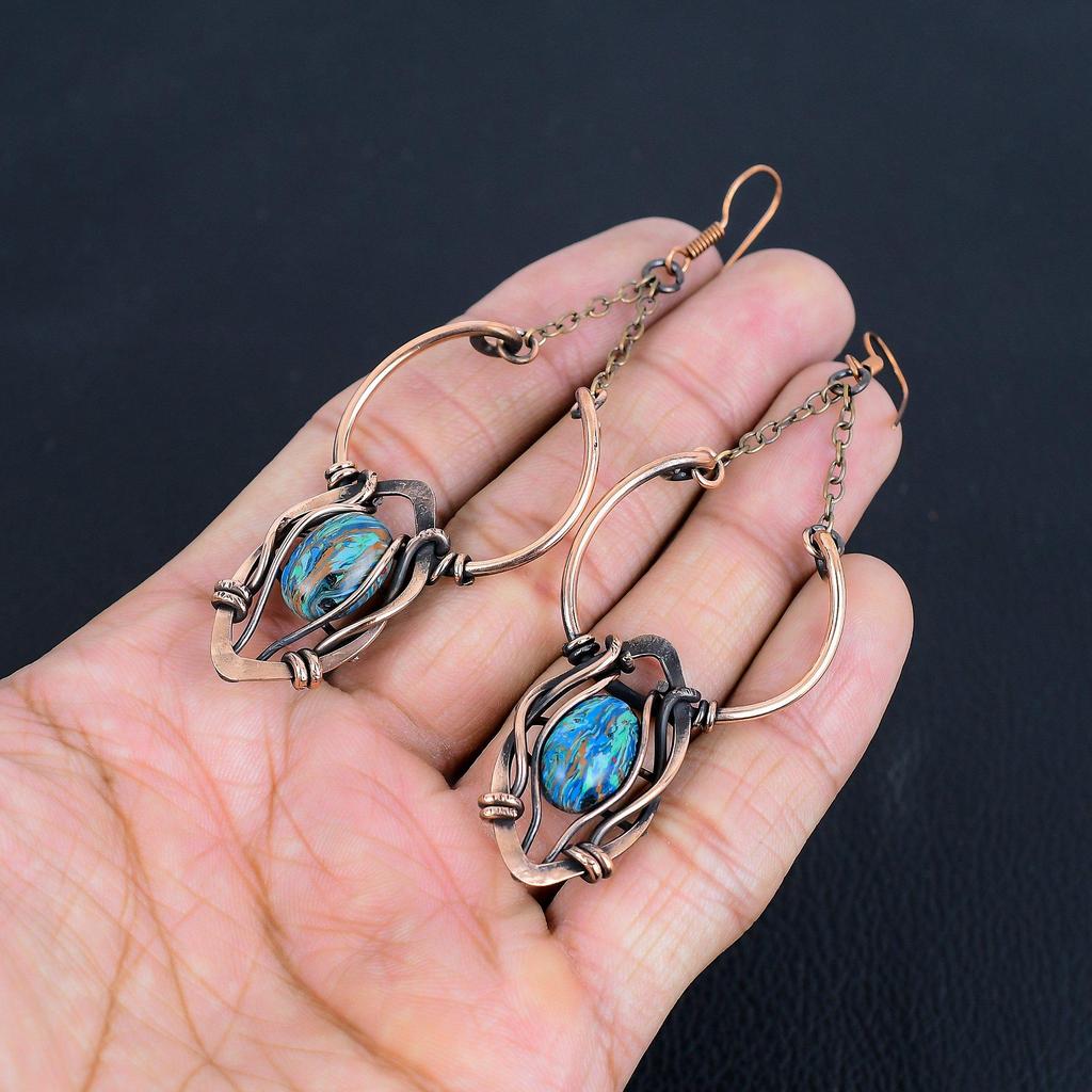 Rainbow Calsilica Earrings, 999 Copper Wire Wrapped Earrings, Handmade Gemstone Jewelry Earrings For Memorial Day