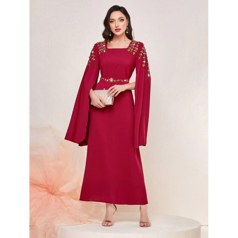 

New Arrival Middle East Ethnic Style Long Cuff Hand Sewing Drill Dress Ultra Long Sleeved Dress Rose Red XL