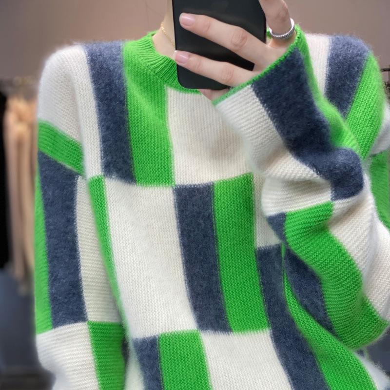 Korean Style Color Block Cashmere Wool Sweater - Women's Casual Round Neck Pullover for Autumn/Winter