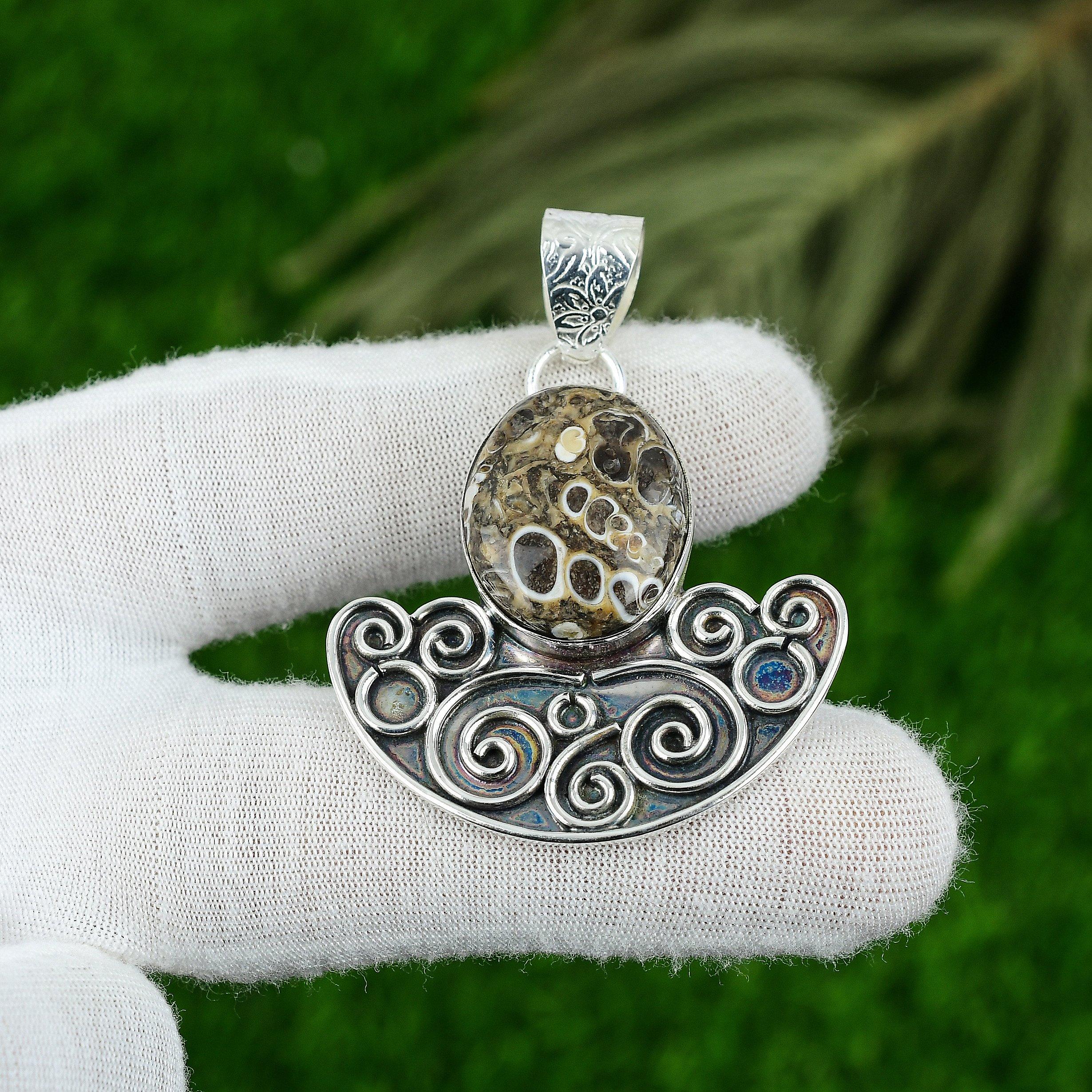 Sterling Silver Oval Turritella Agate Stone Daughter Unique New Pendant Jewelry