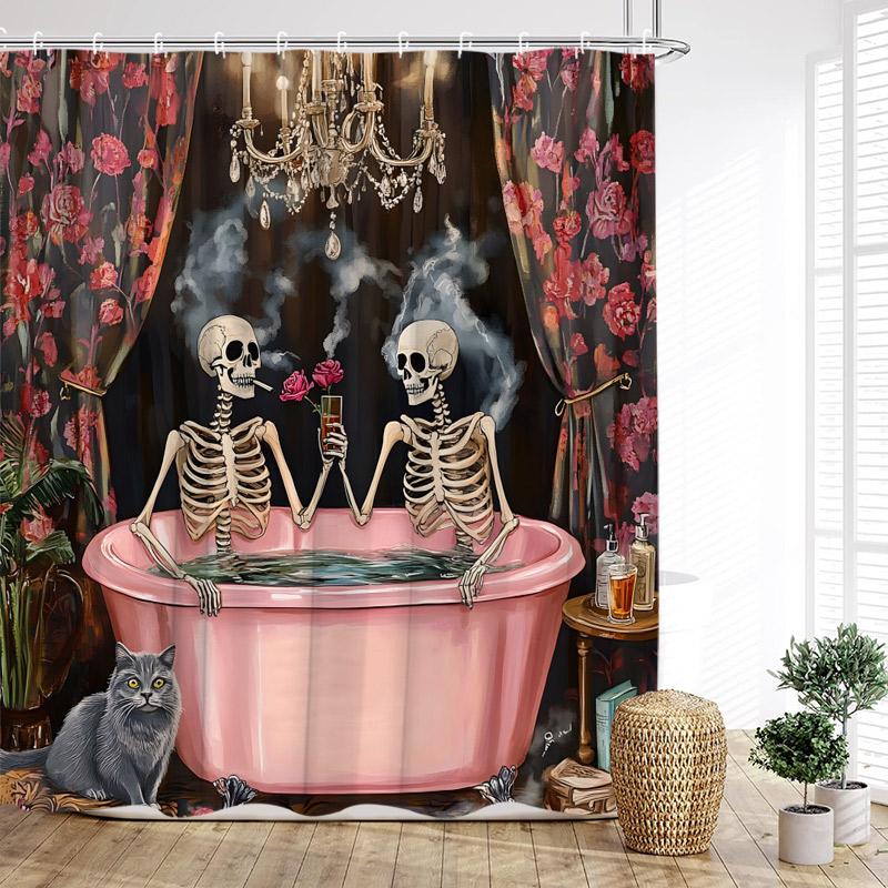 Rolig Badande Älskare Skelett Duschdraperier Skog Rosor Blommor Träd Hjärta Alla Hjärtans Dag Badrumsgardin Tyg Heminredning