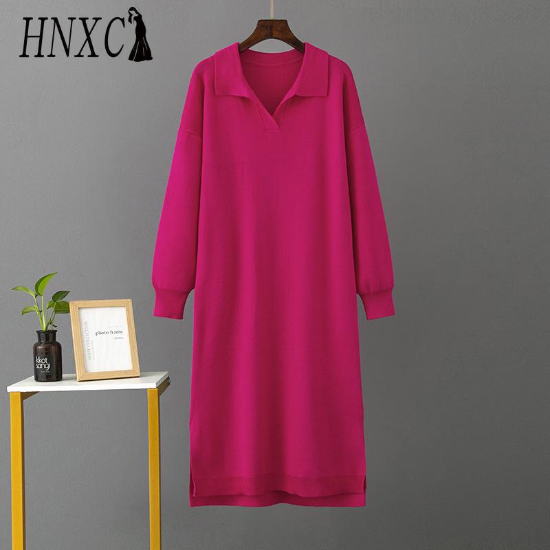 HNXC Rochii de toamnă-iarnă tricotate largi pentru femei, cu guler polo de culoare solidă, cu căptușeală