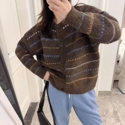 New Autumn Top Striped Contrasting Color Knitted Cardigan Women's Loose Lazy Wind Age-reducing Women's Sweater Jacket