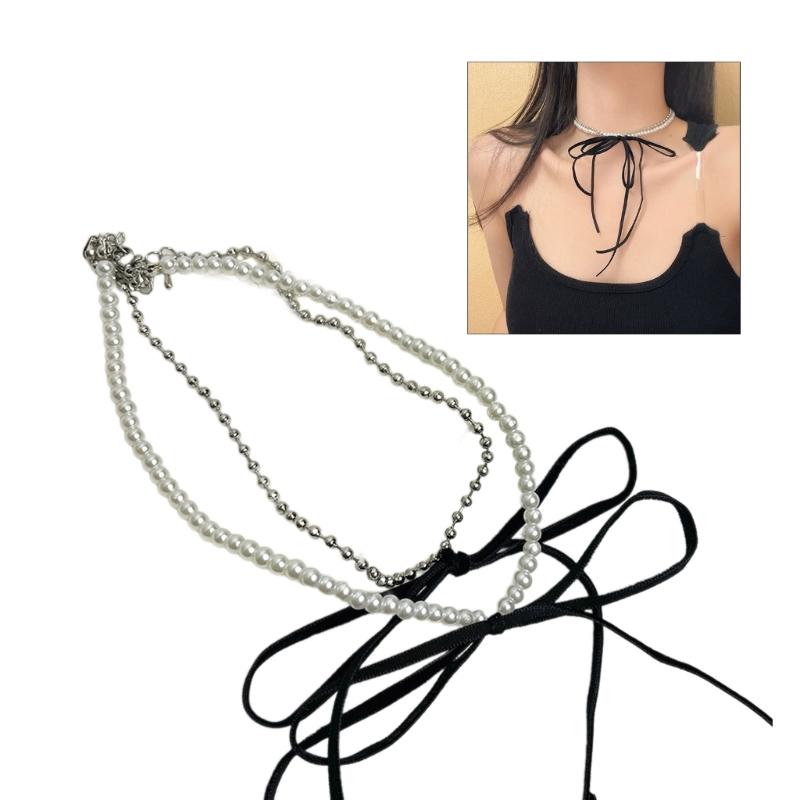 Vintage Bowknot Necklace Elegant Pearl Beaded Double Layer Choker Y2K Aesthetic Clavicle Chain Fashion Summer Neck Chain