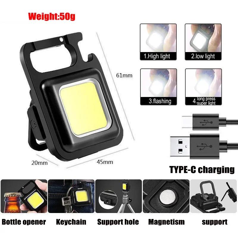 Mini Keychain Lights USB Rechargeable Keychain Light Work Light Outdoor Waterproof Emergency Camping Fishing Magnet Torches Lamp