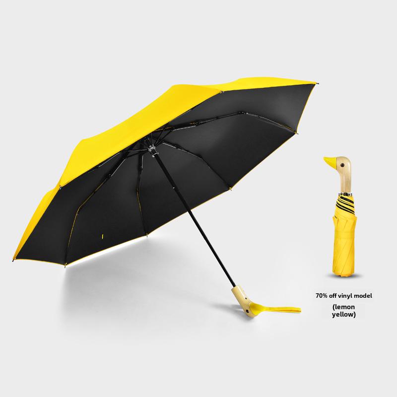 Creative Duck Head Umbrella: Stylish Black with Wooden Handle, Sun Protection, Dual-Purpose for Rain or Shine.