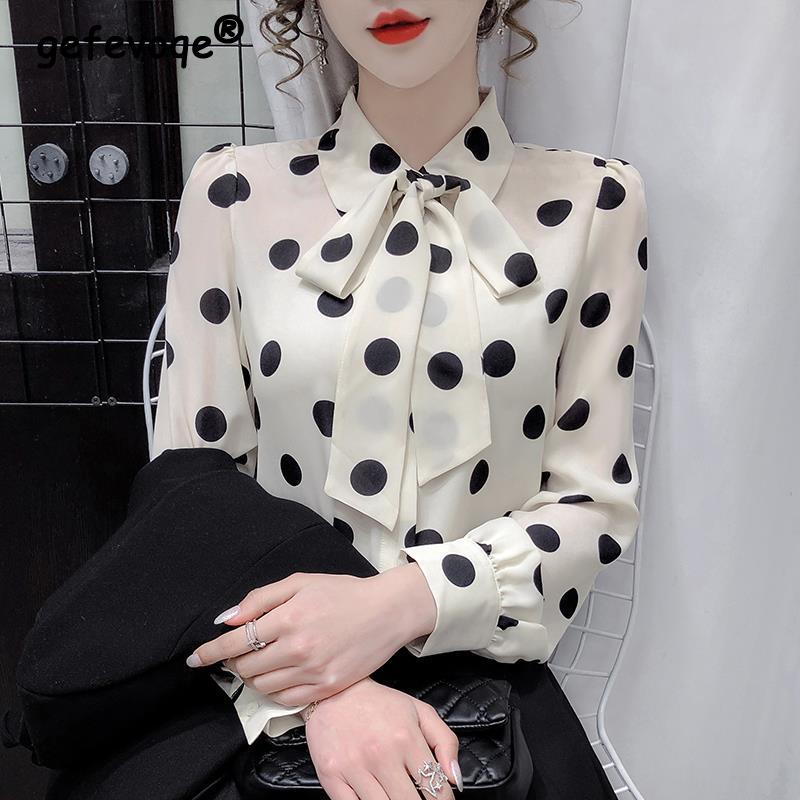 Women's Polka Dot Print Bow Elegant Chic Sweet Button Up Shirt Spring Autumn Casual Long Sleeve Office Ladies Blouse Top Blusas