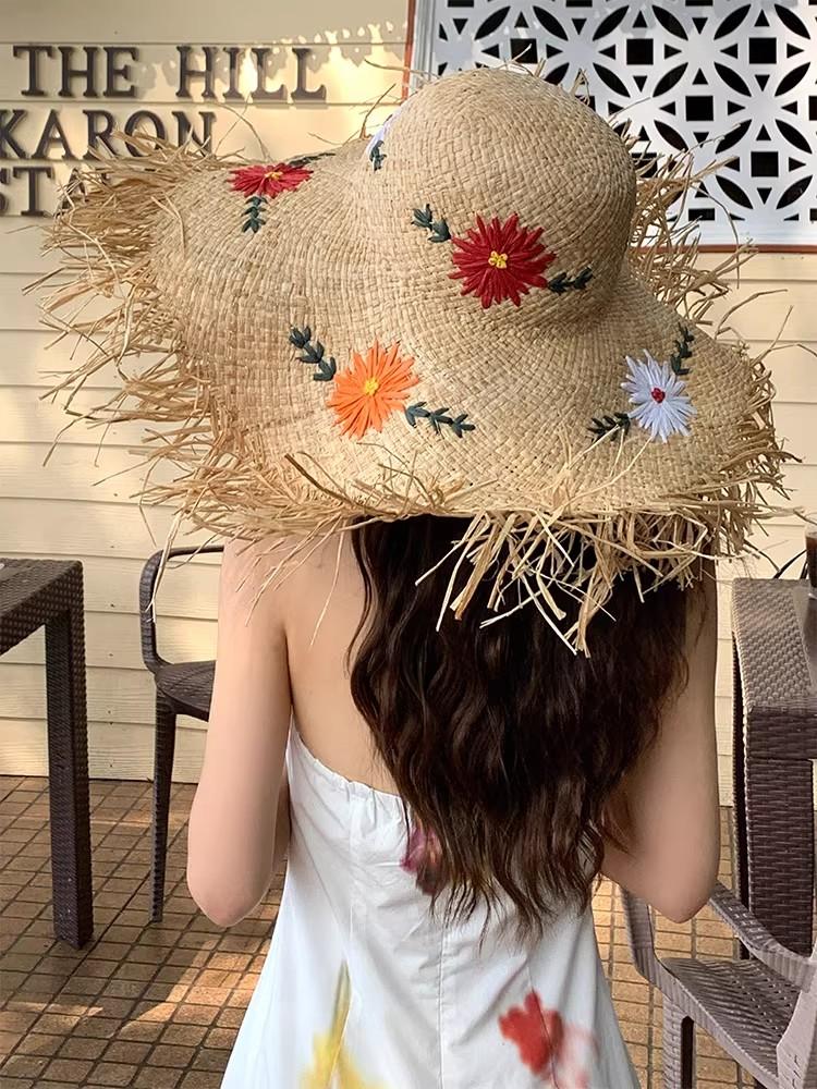 Boater Straw Hat wide brim French elegant square ribbon women's sun hat holiday straw hat