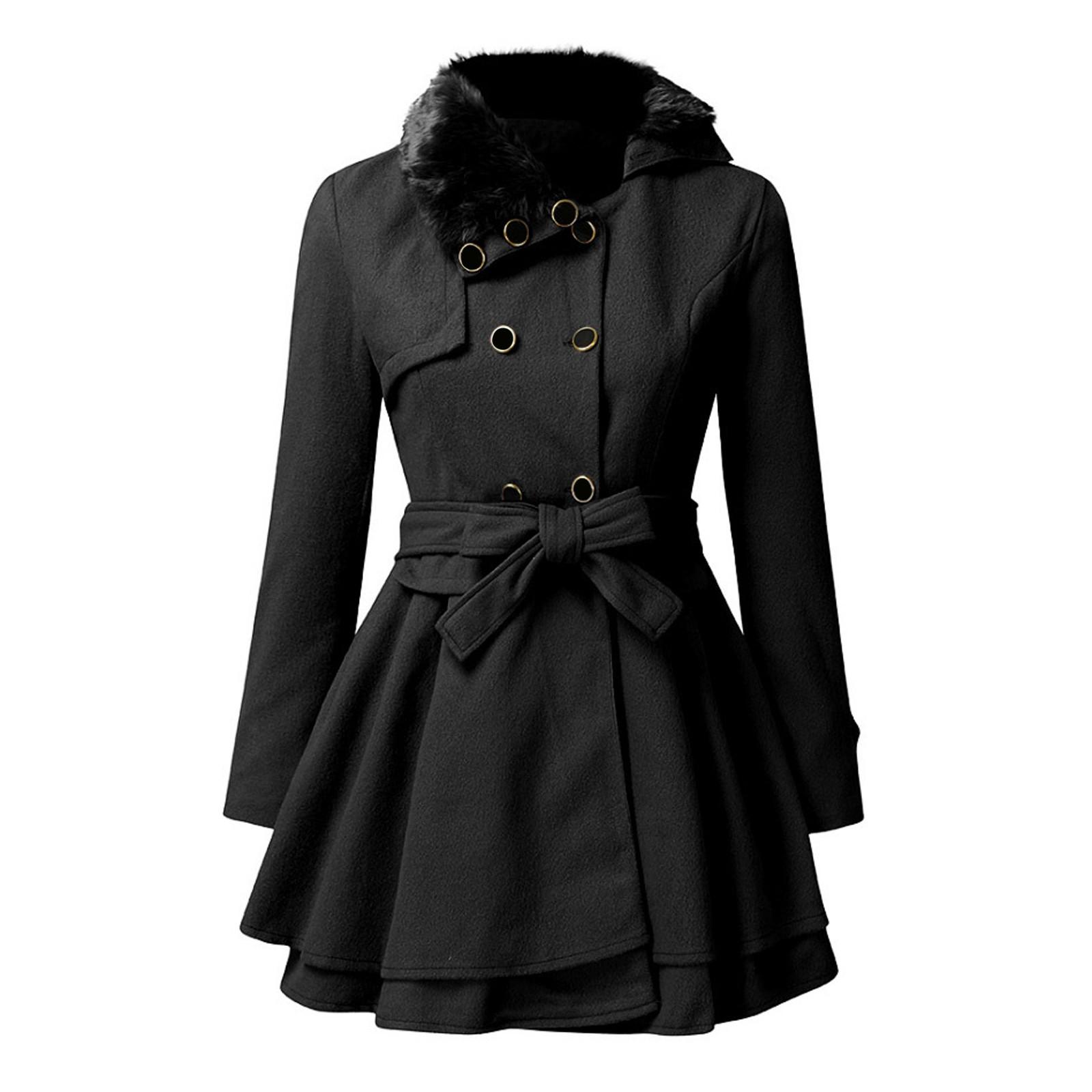 

Women s Fashion Lapel Double-Breasted Thick Wool Trench Casual Coat Jacket S чорний