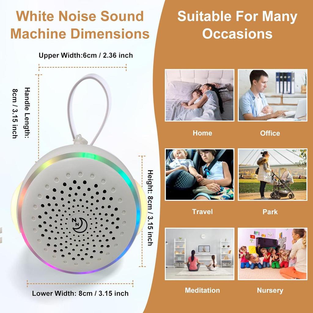 Handheld Smart White Noise Device with Natural Sounds, Stress Relief, Baby Soothing, and 7-Color Light.