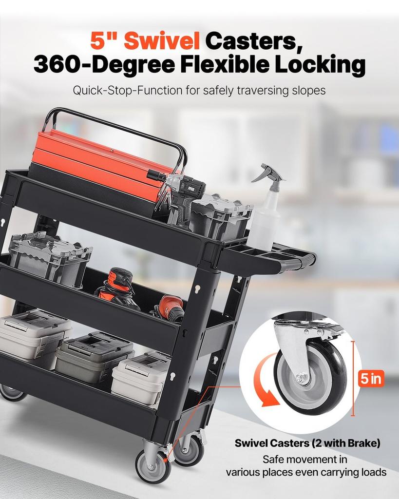 Utility Service Cart, 3 Shelf 550LBS Heavy Duty Plastic Rolling Utility Cart with 360° Swivel Wheels (2 with Brakes), Medium Lipped Shelf, Ergonomic