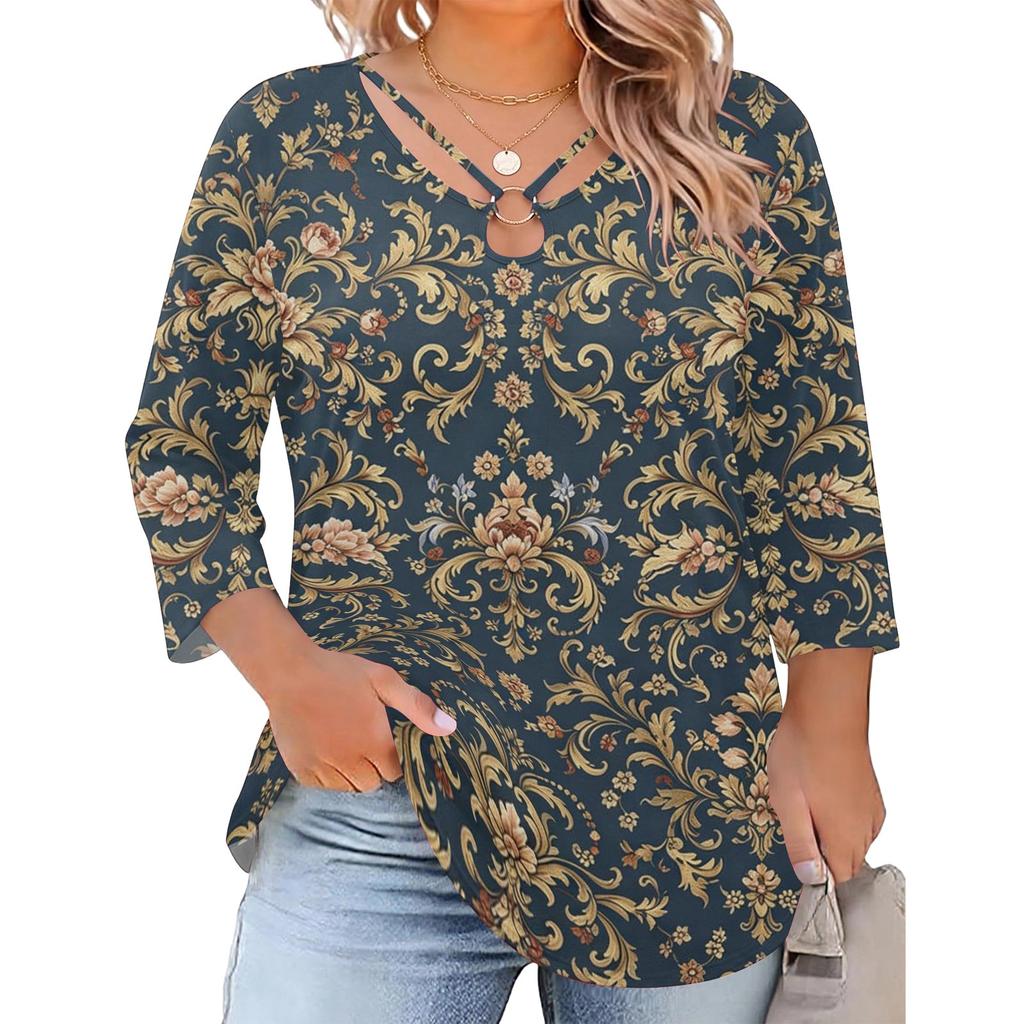 Blusa Floral Feminina Plus Size com Manga Três Quartos, Blusa Casual, Túnica de Corte Amplo para Primavera Verão, Uso Diário, Trabalho e Saídas