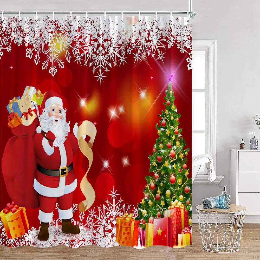 Santa Claus Christmas Red Shower Curtain Happy New Year Gifts Deer Bathroom Decor Winter Holiday Polyester Fabric Bath Curtain