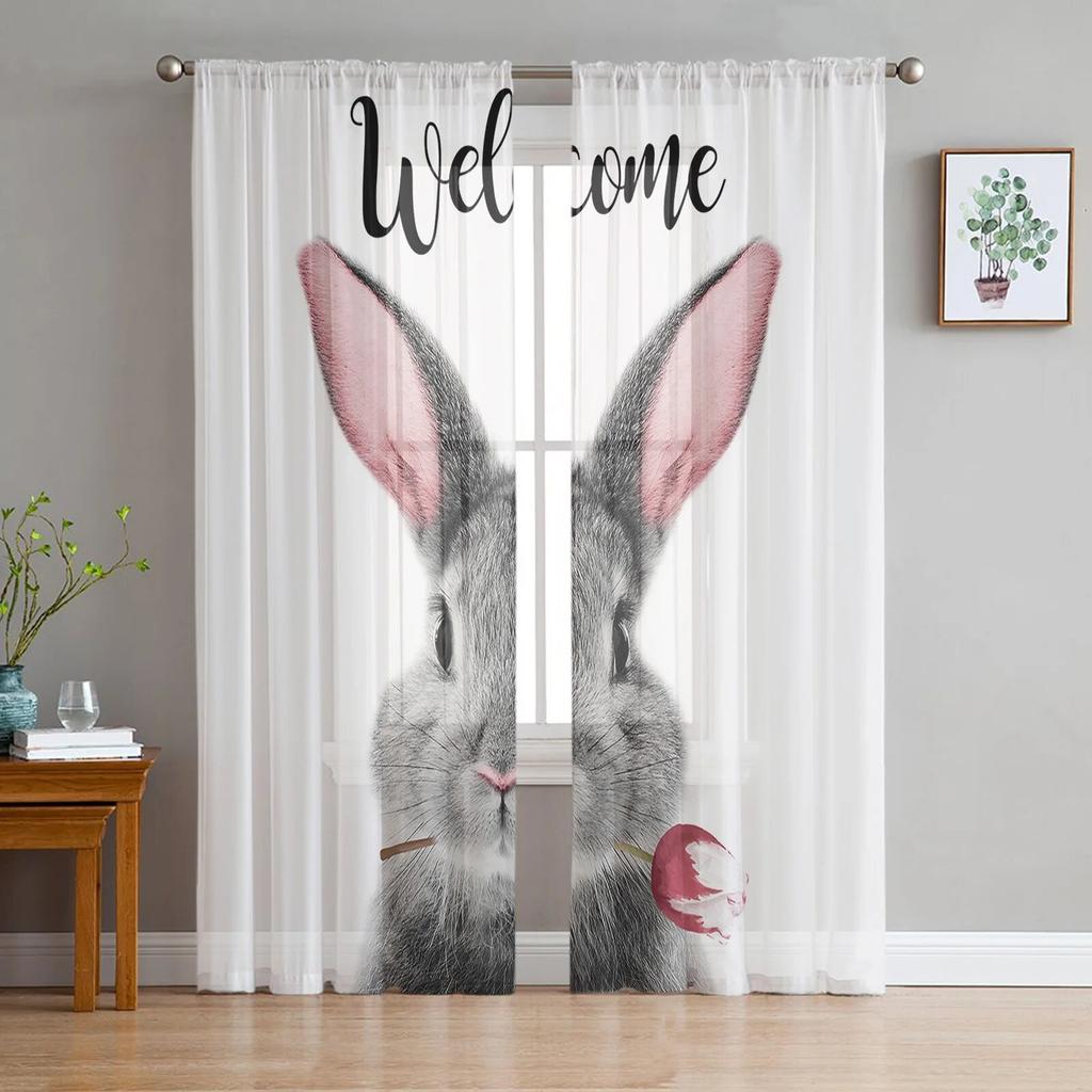 Hase Kaninchen mit Blumen Aquarell durchsichtiger Vorhang für Wohnzimmer moderne Voile Tüll Fenstervorhänge für Schlafzimmer Küche Vorhänge
