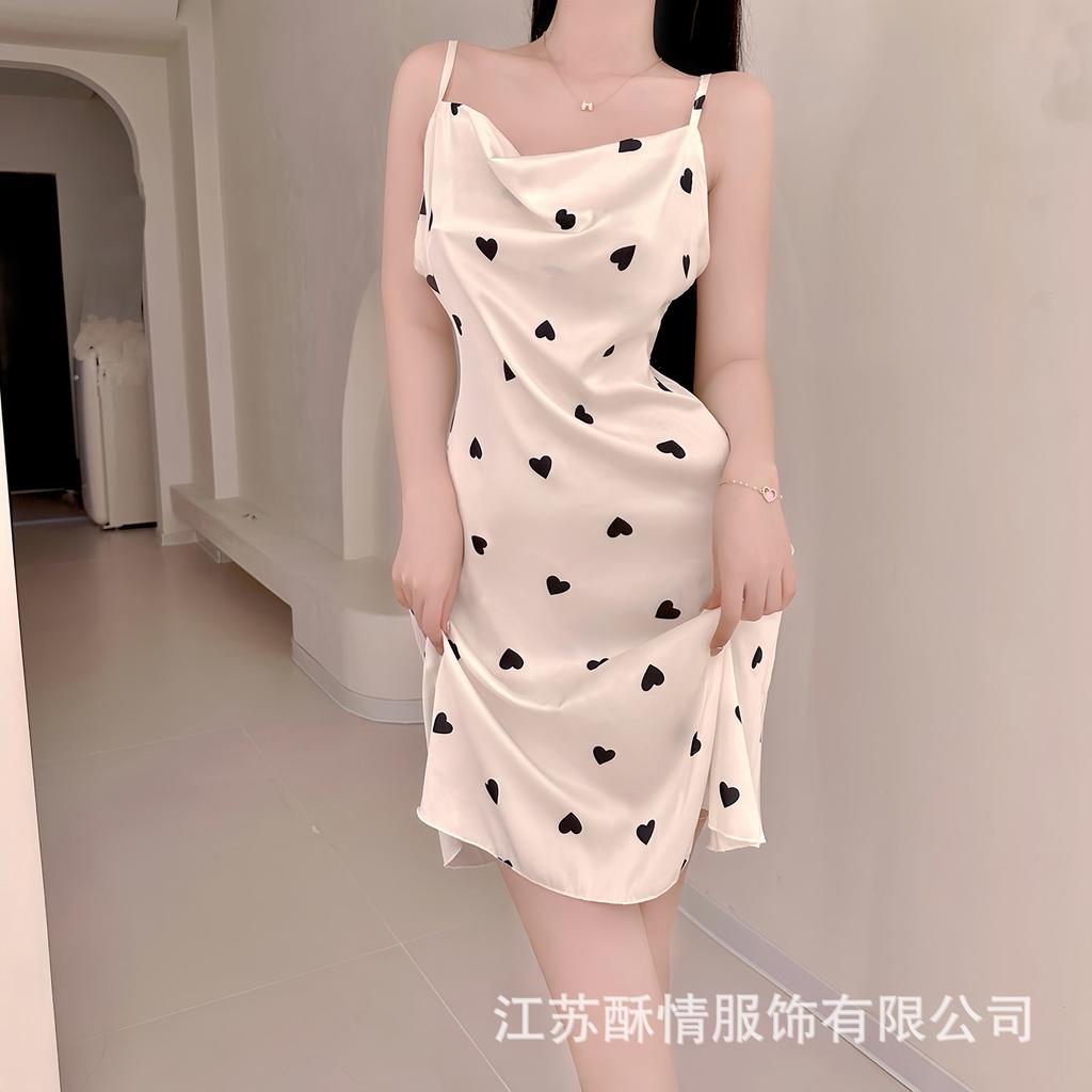 New Sexy Silk Pajamas Women's Suspenders Ice Silk Small Chest Swing Neck Printed Pajamas Spring and Autumn Sweet Loungewear Set