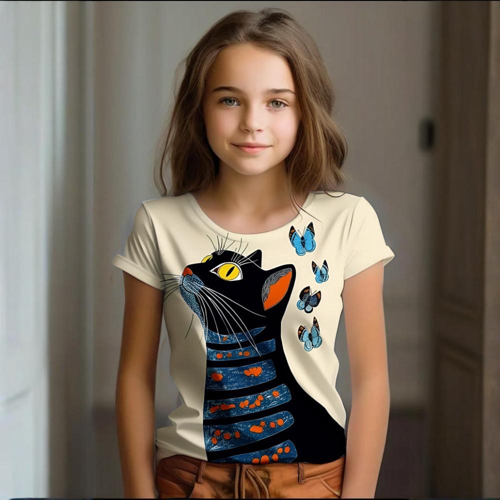 Girl Clothes Summer Cartoon Cat Graphic Children's Clothing  Doodling Short Sleeve O-Neck Top