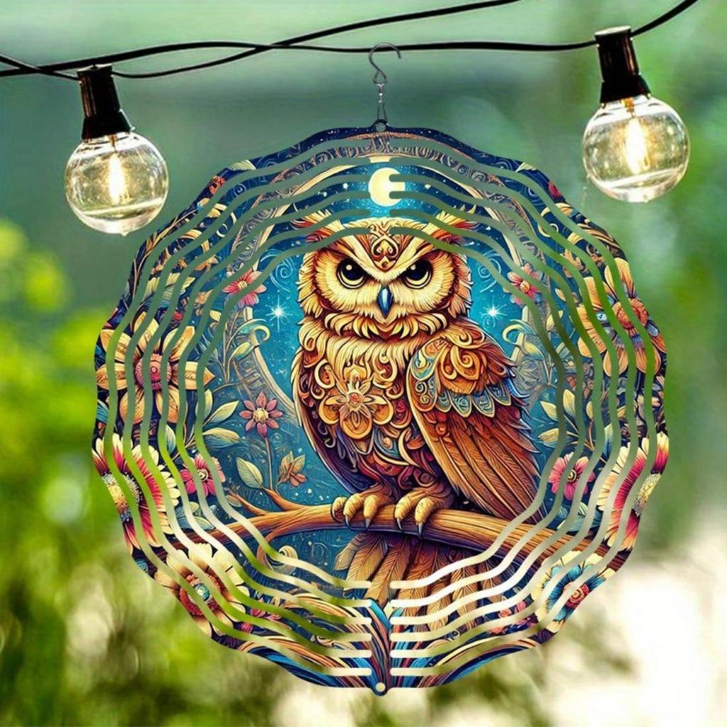 1pc Metal Mandala Wind Chime with Owl & Floral Night Design - All-Season Outdoor/Indoor Hanging Decor for Gardenift