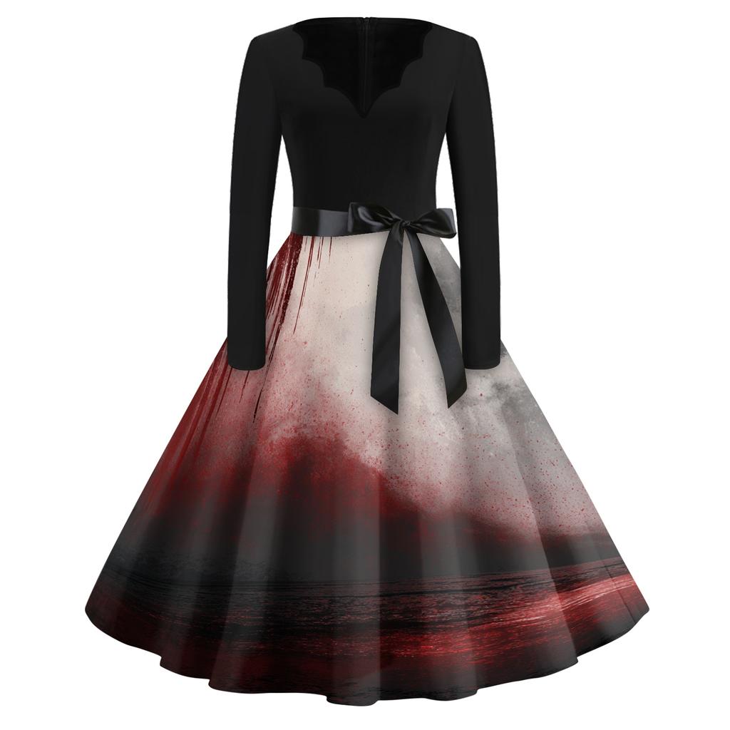 Womens Casual V Neck Halloween Print Vintage Dress Long Sleeve Retro Fit and Flare Midi Dress with Waist Tie Belt