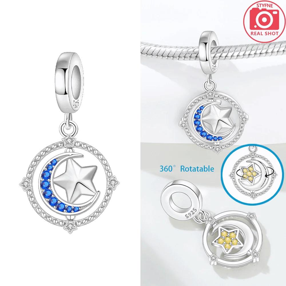 Charms Zircon Blue Moon Pendant Sun Stars Original Copper Beads Fit Bracelet Anniversary Fine Gift Accessory Diy Making